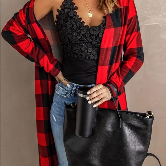 Red and Black Plaid Long Cardigan